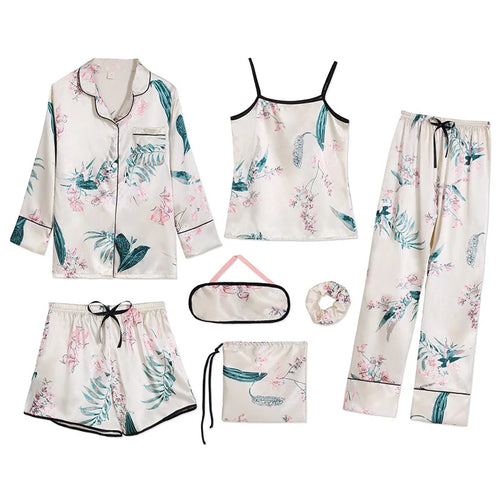 Strap Sleepwear Pyjamas Women's 7 Pieces Pink Pajamas Sets Satin Silk
