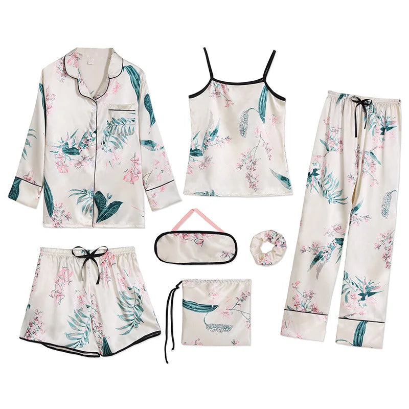 Strap Sleepwear Pyjamas Women's 7 Pieces Pink Pajamas Sets Satin Silk