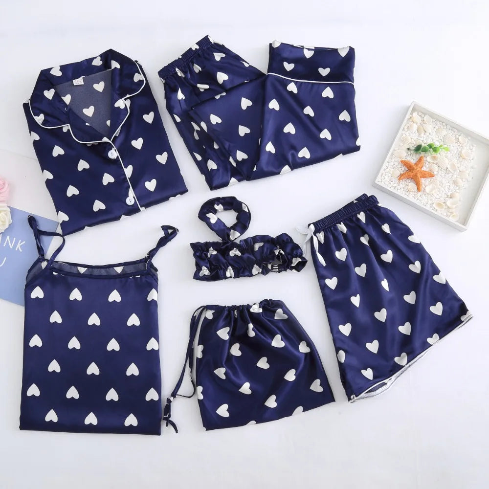 Strap Sleepwear Pyjamas Women's 7 Pieces Pink Pajamas Sets Satin Silk