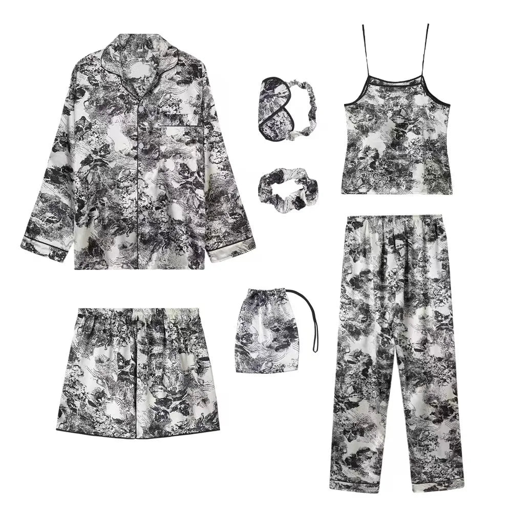 Strap Sleepwear Pyjamas Women's 7 Pieces Pink Pajamas Sets Satin Silk