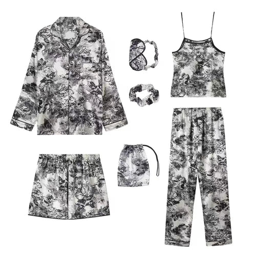 Strap Sleepwear Pyjamas Women's 7 Pieces Pink Pajamas Sets Satin Silk