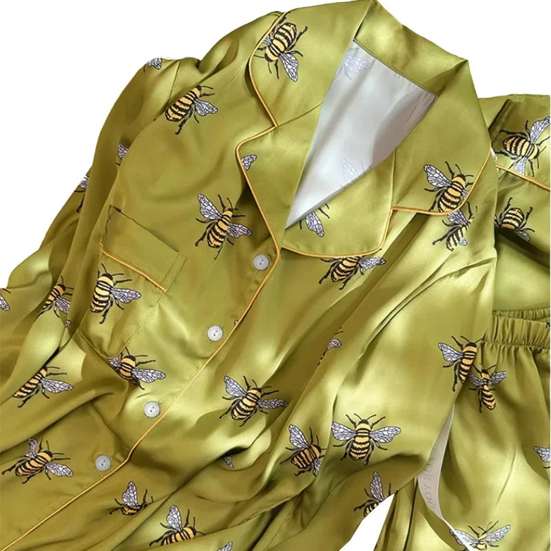 Ensemble pyjama femme printemps-automne 2 pièces pyjama imprimé abeille poche fausse