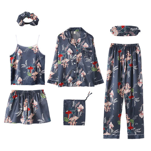 Strap Sleepwear Pyjamas Women's 7 Pieces Pink Pajamas Sets Satin Silk