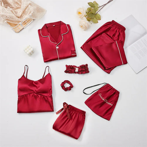 Strap Sleepwear Pyjamas Women's 7 Pieces Pink Pajamas Sets Satin Silk