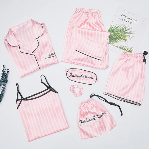 Strap Sleepwear Pyjamas Women's 7 Pieces Pink Pajamas Sets Satin Silk
