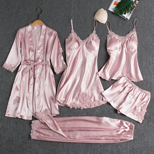 5PC Silk Robe Sleep Suit Womens Lace Satin Pajamas Gown Set V-Neck