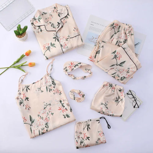 Strap Sleepwear Pyjamas Women's 7 Pieces Pink Pajamas Sets Satin Silk
