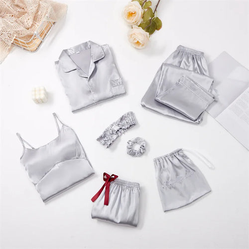 Strap Sleepwear Pyjamas Women's 7 Pieces Pink Pajamas Sets Satin Silk