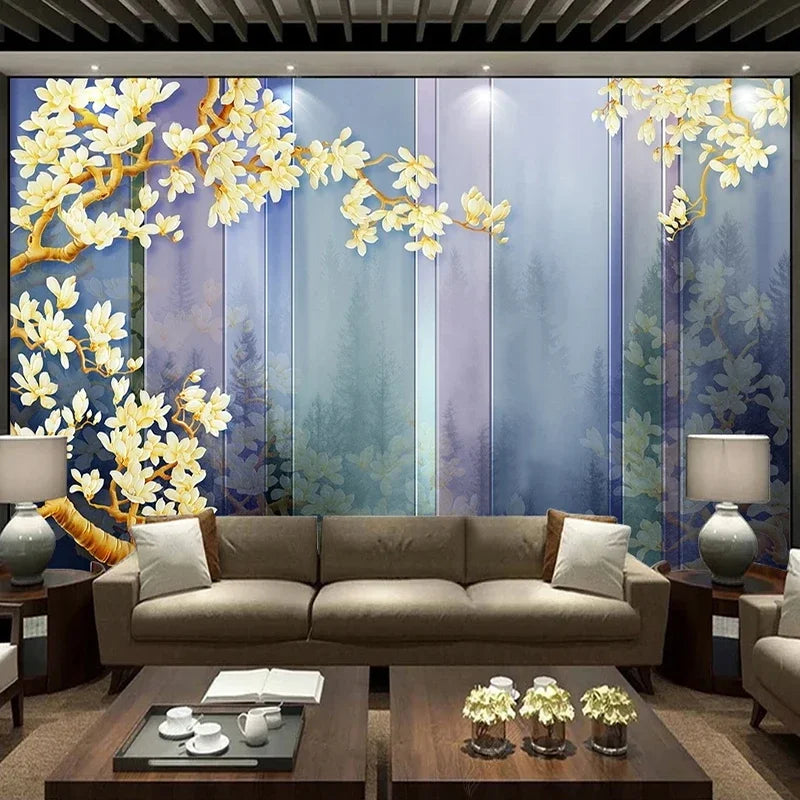 Papier peint mural personnalisé 3D motif fleur de magnolia et paysage à l'encre