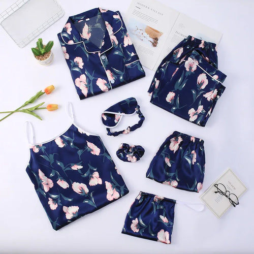 Strap Sleepwear Pyjamas Women's 7 Pieces Pink Pajamas Sets Satin Silk