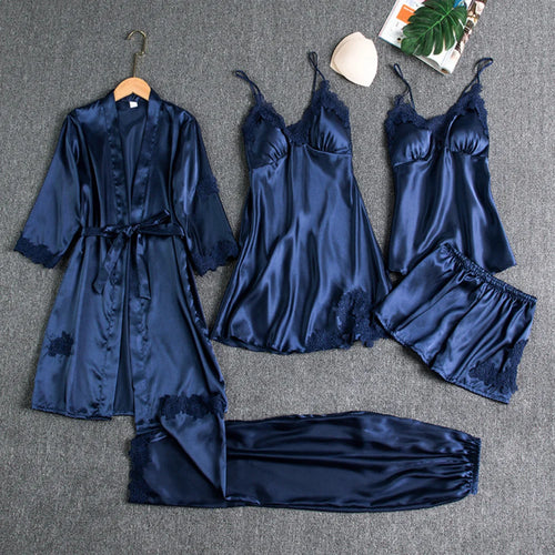 5PC Silk Robe Sleep Suit Womens Lace Satin Pajamas Gown Set V-Neck