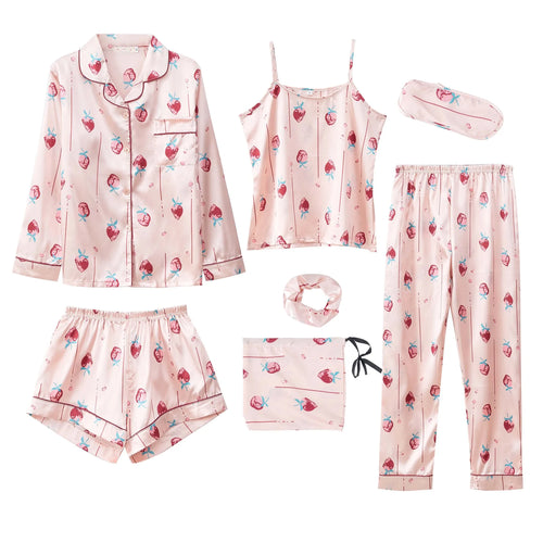 Strap Sleepwear Pyjamas Women's 7 Pieces Pink Pajamas Sets Satin Silk