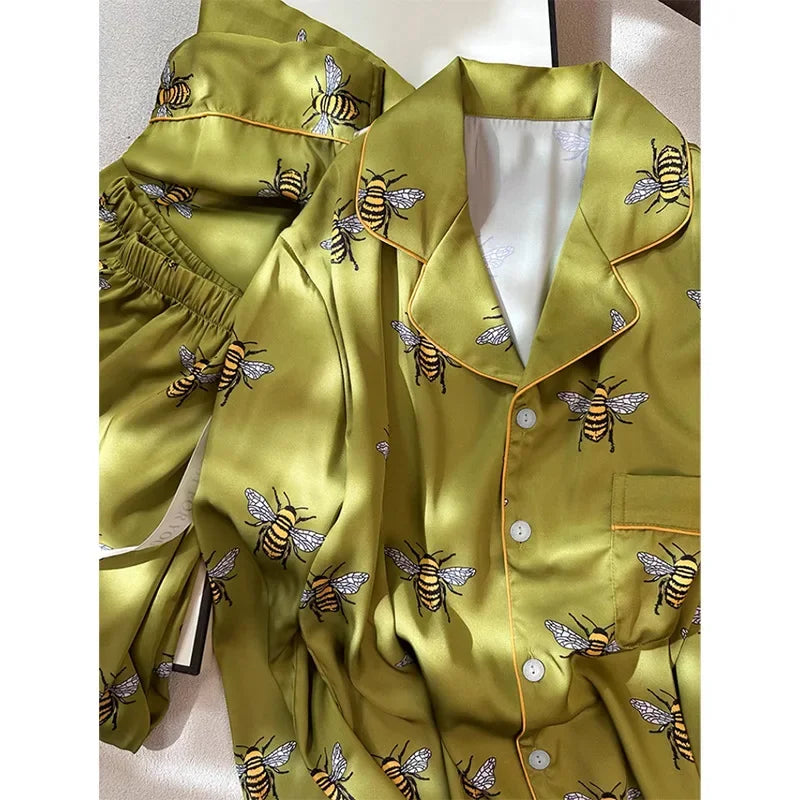 Ensemble pyjama femme printemps-automne 2 pièces pyjama imprimé abeille poche fausse