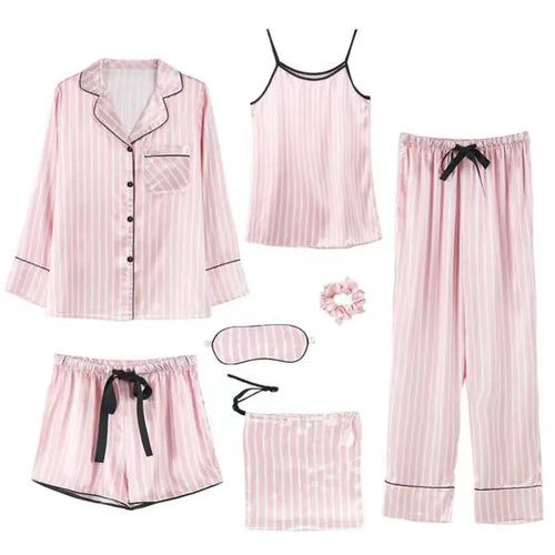 Strap Sleepwear Pyjamas Women's 7 Pieces Pink Pajamas Sets Satin Silk