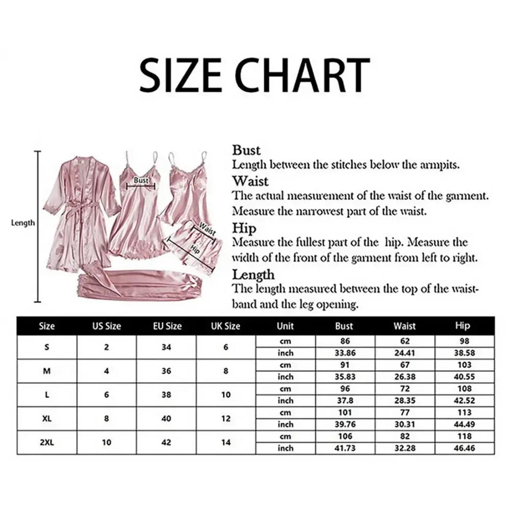 5PC Silk Robe Sleep Suit Womens Lace Satin Pajamas Gown Set V-Neck