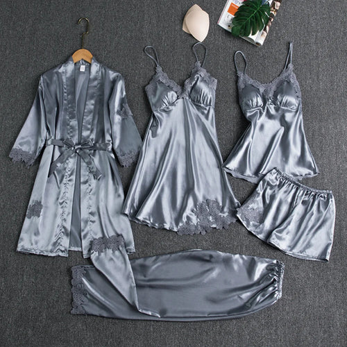 5PC Silk Robe Sleep Suit Womens Lace Satin Pajamas Gown Set V-Neck