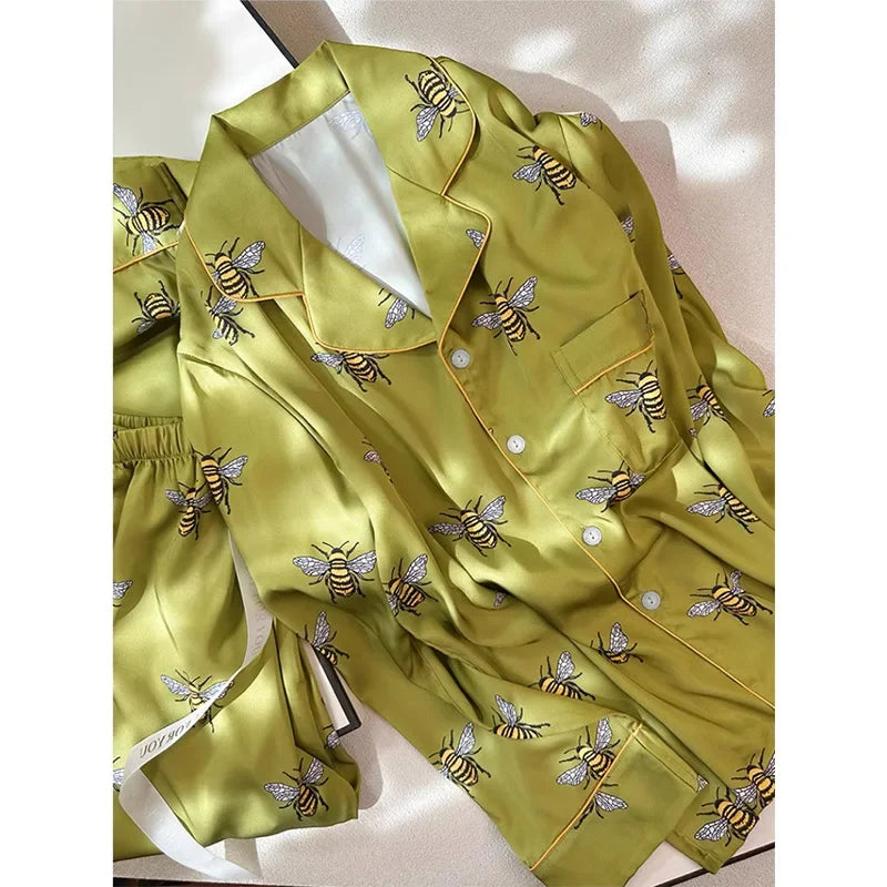 Ensemble pyjama femme printemps-automne 2 pièces pyjama imprimé abeille poche fausse