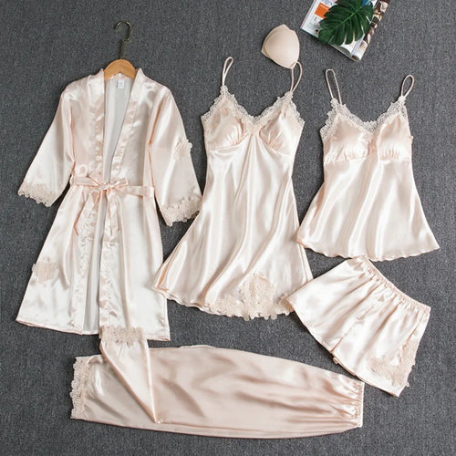 5PC Silk Robe Sleep Suit Womens Lace Satin Pajamas Gown Set V-Neck