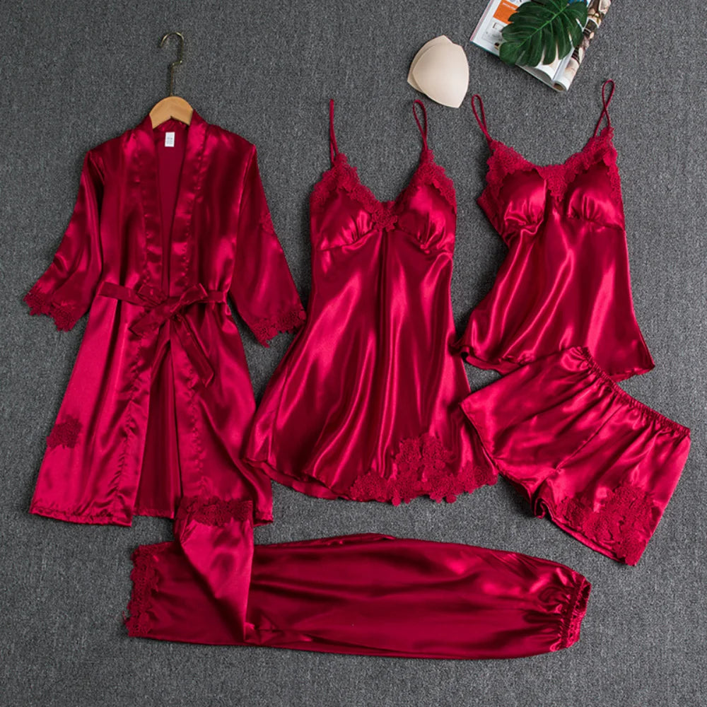 5PC Silk Robe Sleep Suit Womens Lace Satin Pajamas Gown Set V-Neck