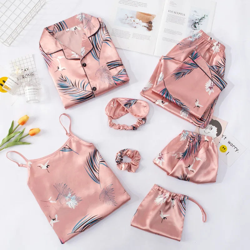 Strap Sleepwear Pyjamas Women's 7 Pieces Pink Pajamas Sets Satin Silk