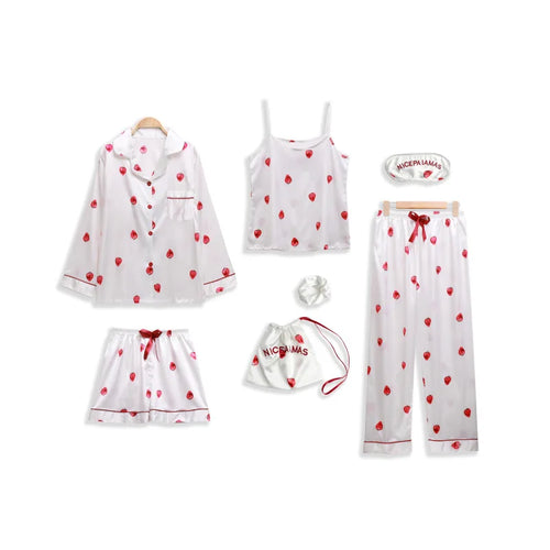 Strap Sleepwear Pyjamas Women's 7 Pieces Pink Pajamas Sets Satin Silk