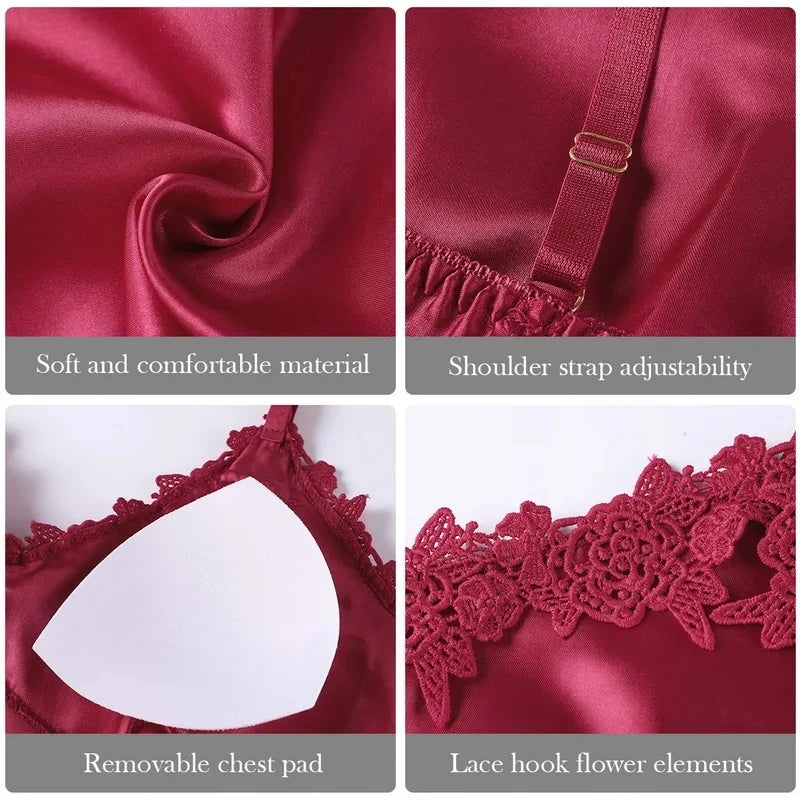 5PC Silk Robe Sleep Suit Womens Lace Satin Pajamas Gown Set V-Neck