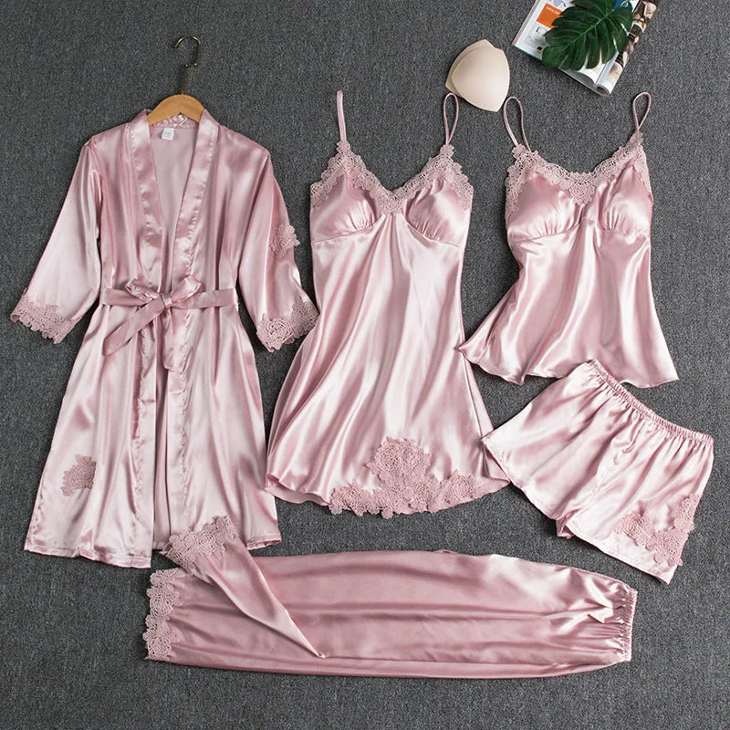 5PC Silk Robe Sleep Suit Womens Lace Satin Pajamas Gown Set V-Neck