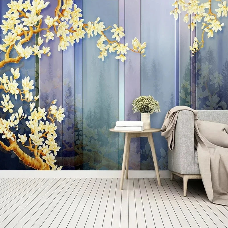 Papel tapiz mural personalizado 3D con fondo de paisaje de tinta y flor de magnolia 