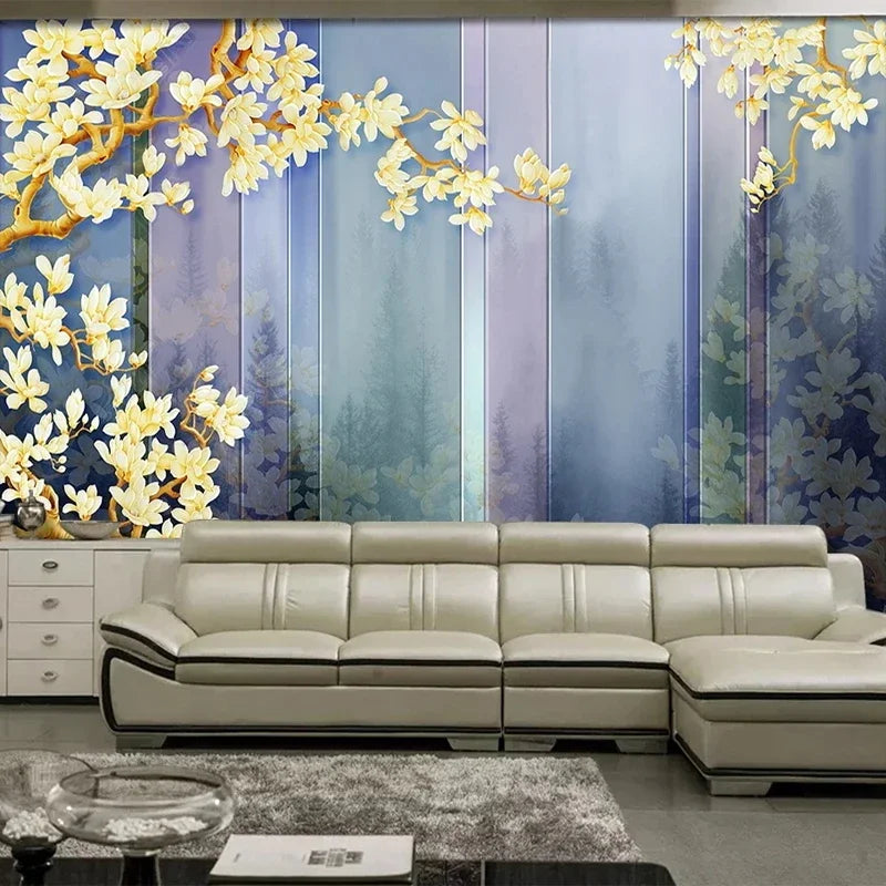 Papel tapiz mural personalizado 3D con fondo de paisaje de tinta y flor de magnolia 