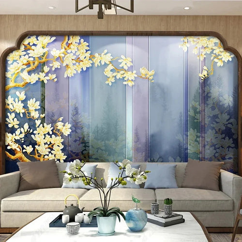 Papel tapiz mural personalizado 3D con fondo de paisaje de tinta y flor de magnolia 