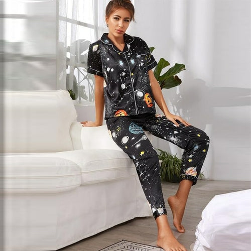 Women‘s Striped Printed Silk Satin Pajamas Summer Nightwear Trouser