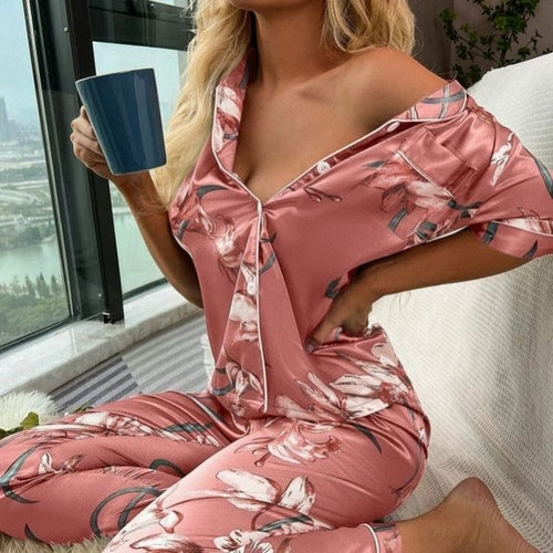 Women‘s Striped Printed Silk Satin Pajamas Summer Nightwear Trouser
