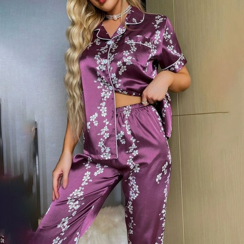 Women‘s Striped Printed Silk Satin Pajamas Summer Nightwear Trouser