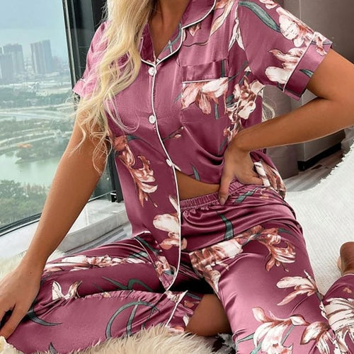 Women‘s Striped Printed Silk Satin Pajamas Summer Nightwear Trouser