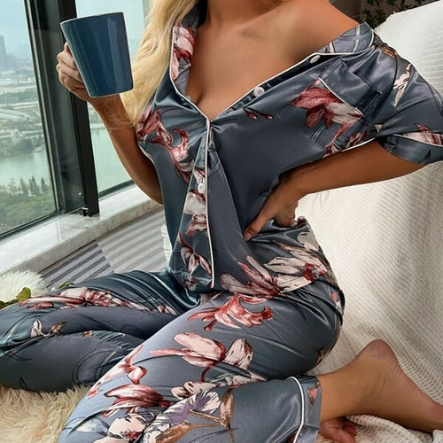 Women‘s Striped Printed Silk Satin Pajamas Summer Nightwear Trouser