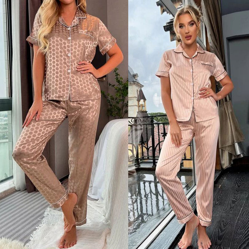 Women‘s Striped Printed Silk Satin Pajamas Summer Nightwear Trouser